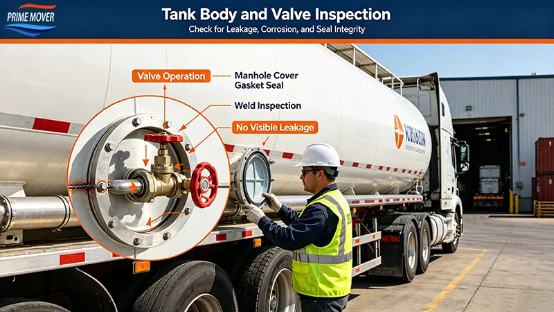 Inspecting tank body valves and manhole covers on fuel tanker trailer Inspecting tank body valves and manhole covers on fuel tanker trailer