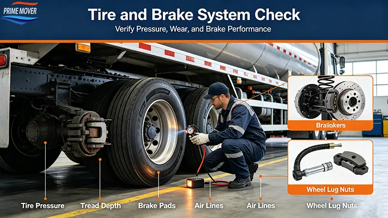 Checking tire pressure and brake system on fuel tanker trailer Checking tire pressure and brake system on fuel tanker trailer