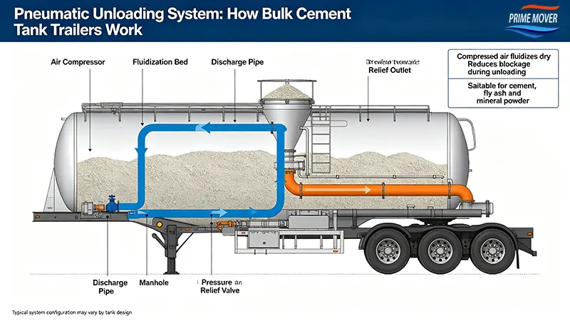 Pneumatic unloading system on bulk cement tank trailer