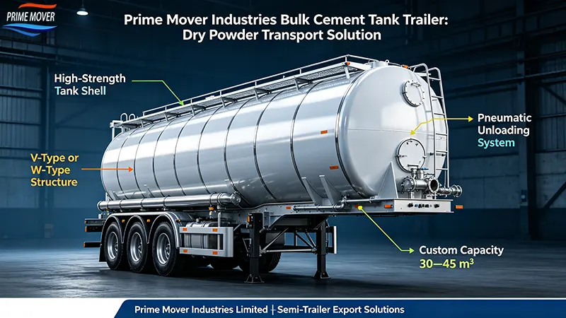 Prime Mover Industries bulk cement tank trailer for dry powder transport