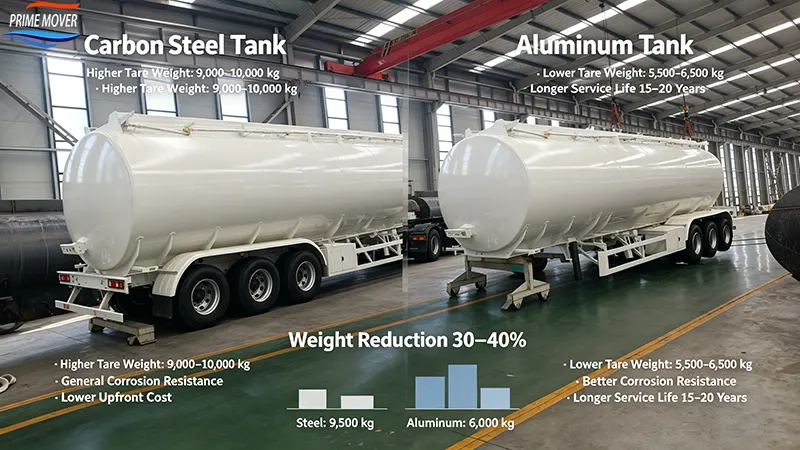 Aluminum vs carbon steel fuel tanker trailer weight and payload comparison