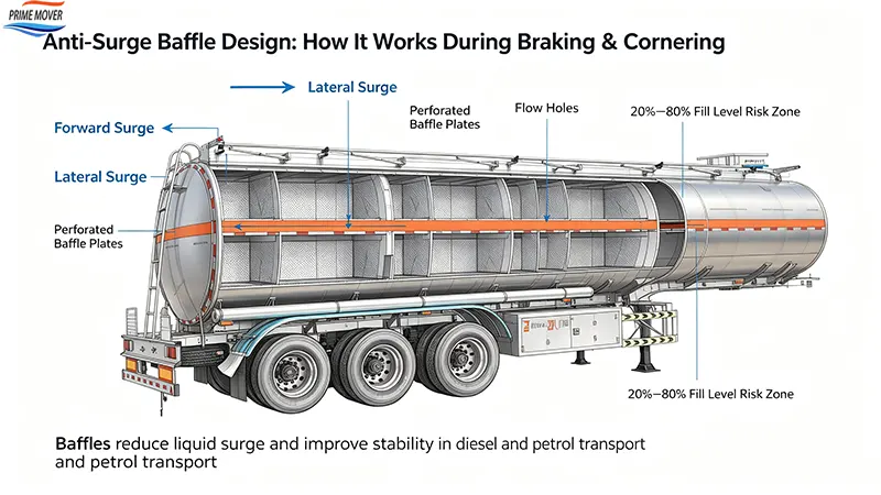 Anti-surge baffle design inside fuel tanker trailer for diesel petrol haulage