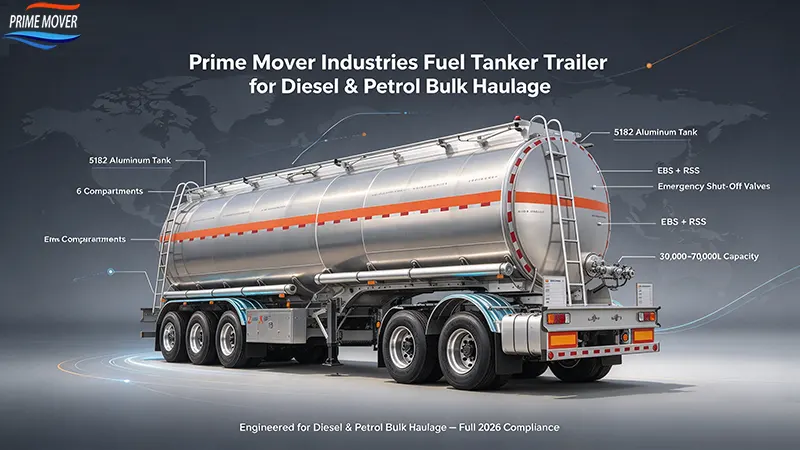 Prime Mover Industries fuel tanker trailer for diesel and petrol bulk haulage export Prime Mover Industries fuel tanker trailer for diesel and petrol bulk haulage export