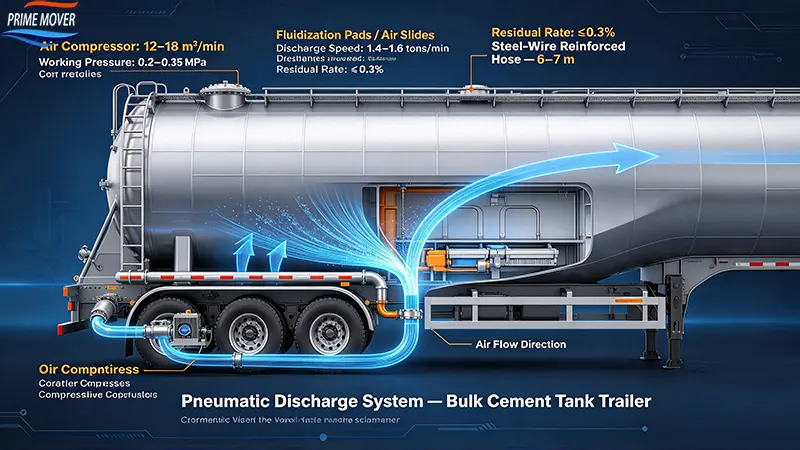 Pneumatic discharge system bulk cement tank trailer dry powder logistics