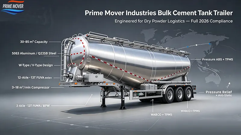 Prime Mover Industries bulk cement tank trailer for dry powder logistics export