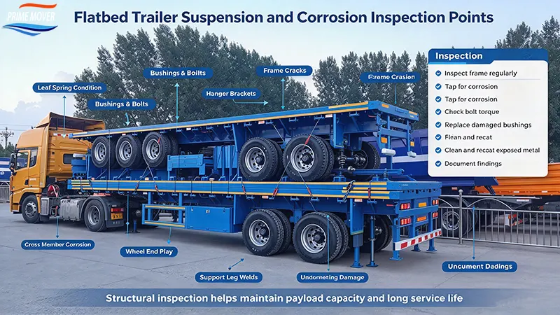 Flatbed trailer suspension and corrosion inspection points for maintenance